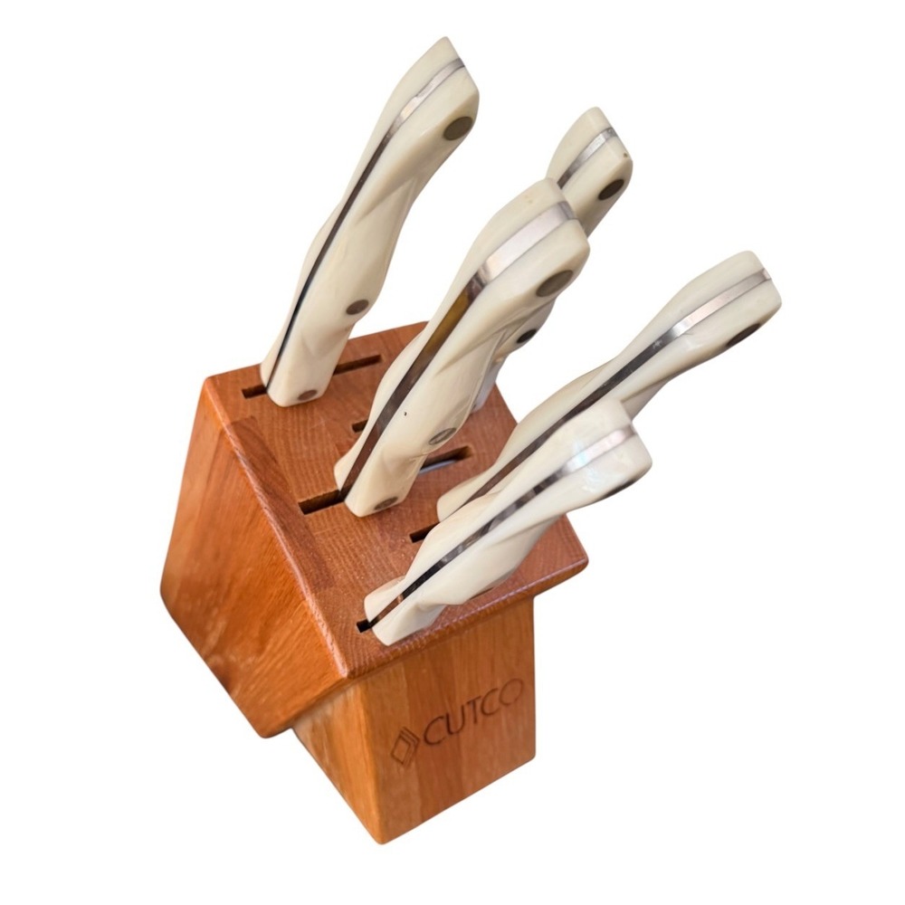 Cutco Pearl White 5-Piece Gourmet Set with Honey Oak 1735 1738 1738 1746 1761